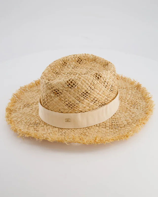 Chanel Beige Raffia Woven Hat with Cream Bandeaux and Silver CC Logo Size L from Sellier