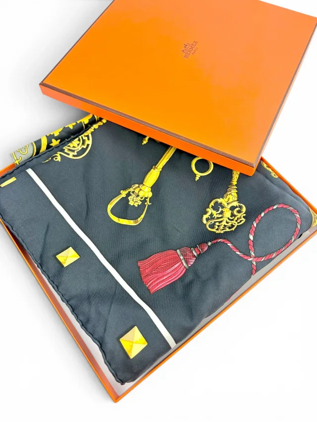 Hermès 90cm Black and Gold 100% Silk Scarf in Black Silk from Season 2 Consign, photo 2 of 4
