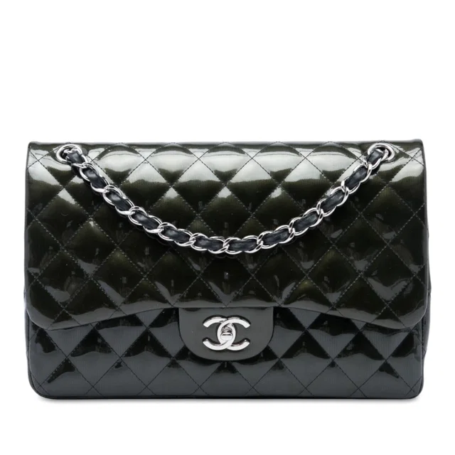 Green Chanel Jumbo Classic Striated Patent Double Flap Shoulder Bag in Green Patent leather from Designer Revival