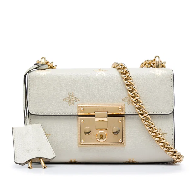 White Gucci Small Leather Bee Star Padlock Crossbody in White Leather from Designer Revival