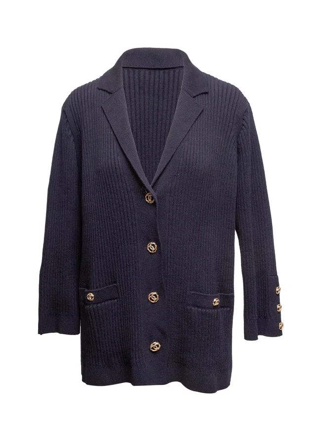 Navy Chanel Cotton Rib Knit Cardigan Size FR 48 in Navy from Designer Revival
