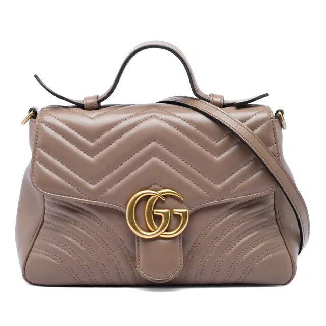 Brown Gucci Small GG Marmont Matelasse Calfskin Top Handle Bag Satchel in Brown Calfskin from Designer Revival