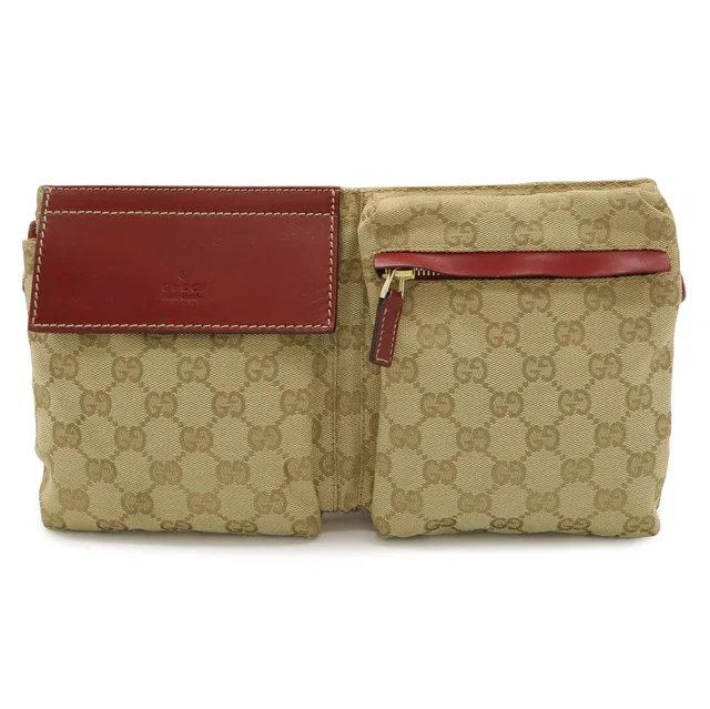 Gucci GG Canvas Sherry Line Belt Bag Waist Pouch Hip Leather Beige Pink Red Gold in Beige Canvas from The Reluxe