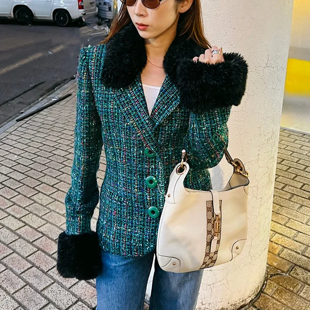 Saint Laurent Tweed Faux Fur Combination Jacket #36 Green/Multi-color in Green Tweed from VINTAGE QOO TOKYO