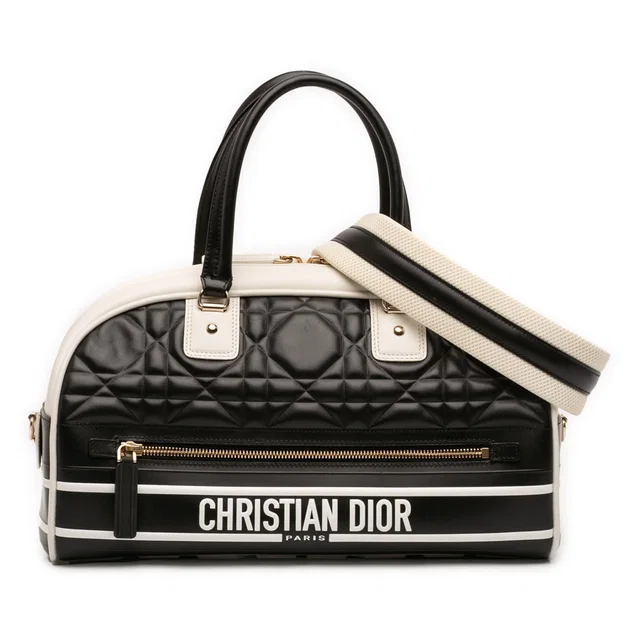 Black Dior Medium Leather Cannage Dior Vibe Zip Bowling Bag Satchel in Black Leather from Designer Revival