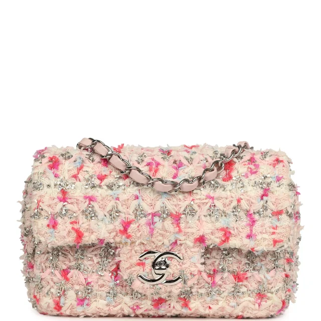Chanel Mini Rectangular Flap Bag Pink, Multicolored Tweed Bouclé Silver Hardware in Pink Tweed from Madison Avenue Couture
