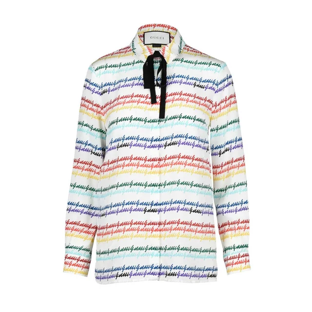 Gucci Rainbow Signature Print Silk Grosgrain Ribbon Bow Blouse in Multicolor Silk from Designer Archives