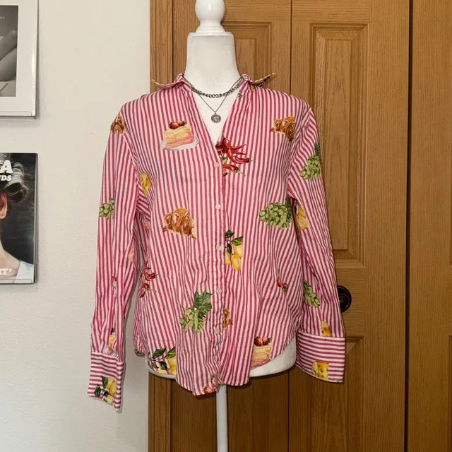 Jacquemus Striped Food Print Cotton Button Down Shirt Picnic Croissant Fruit Xl in pink from Poshmark