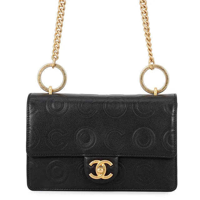 Chanel COCO Embossed Chain Shoulder Bag Black Calf Leather in Black Calfskin from GALLERY RARE