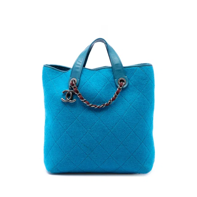 Blue Chanel Medium CC Quilted Felt Pop Tote Satchel in Blue Woven leather from Designer Revival
