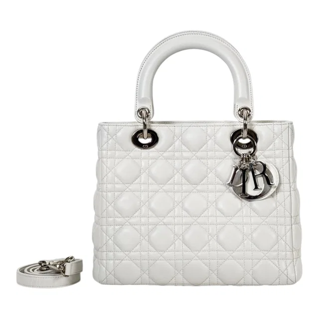 White Medium Lady Dior in Lambskin in White Lambskin from Luxury Promise