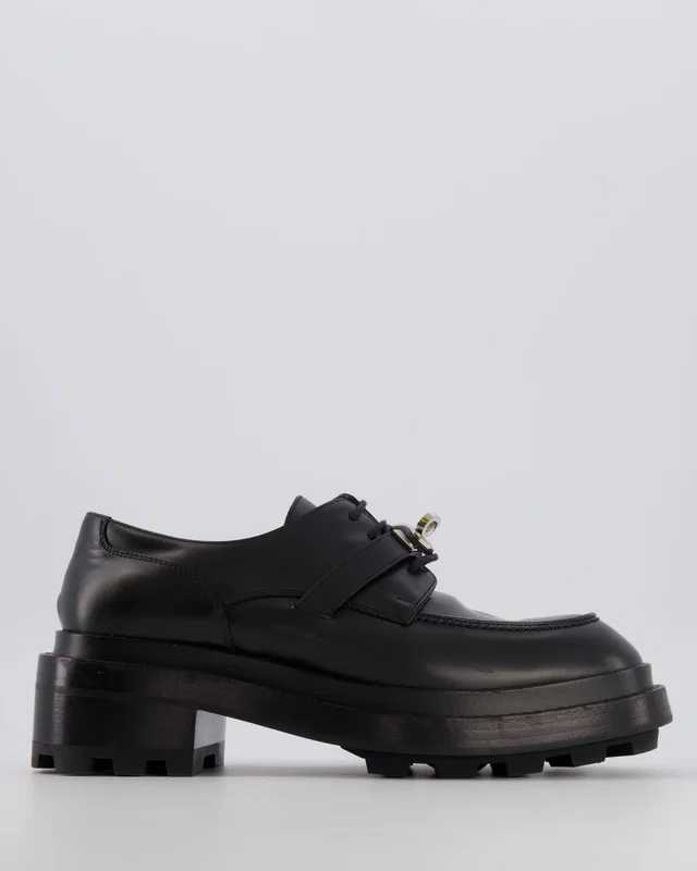 Hermès First Oxford Lace-Up Shoes in Noir Glazed Calfskin with Palladium Kelly Buckle Size EU 37.5 in Black Calfskin from Sellier