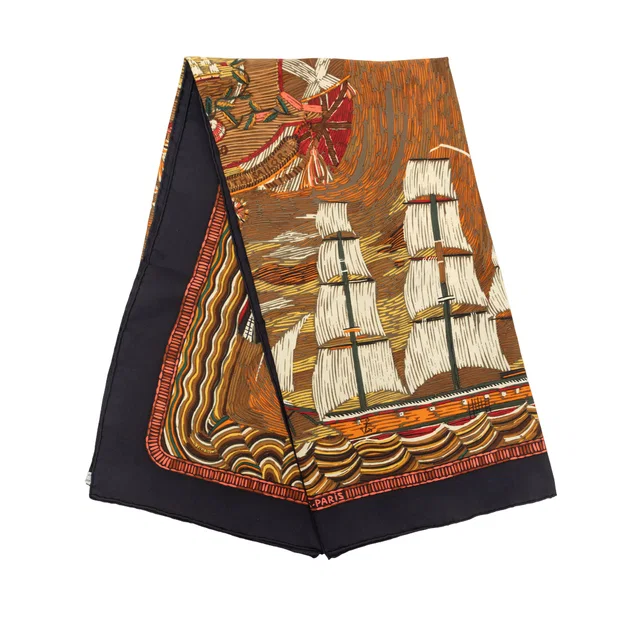 Brown Hermès Marine Naive Silk Scarf 90 Scarves in Brown Silk from Designer Revival