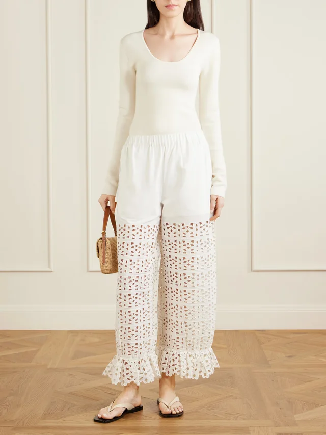 SEA Leila broderie anglaise-trimmed cotton and linen-blend wide-leg pants in White, photo 2 of 2 from NET-A-PORTER (Canada)
