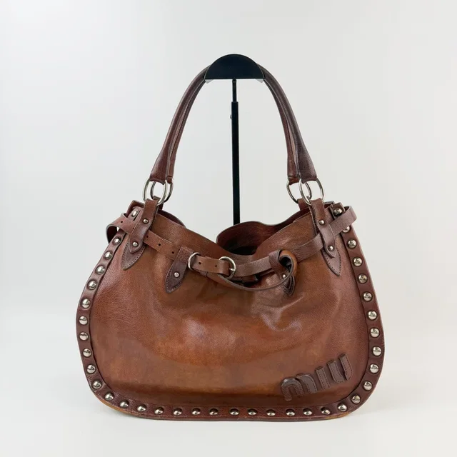Miu Miu Studs Logo Shoulder Bag Leather Brown Silver Vintage in Brown Leather from The Reluxe