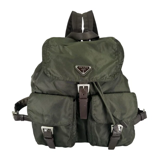 Prada Triangle Logo Backpack Nylon Khaki in Green Nylon from The Reluxe