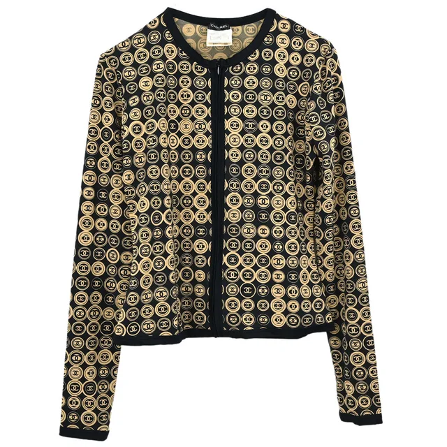 Chanel 2003 Zip Up Top Black Beige #38 in Black Nylon from AMORE Vintage Tokyo