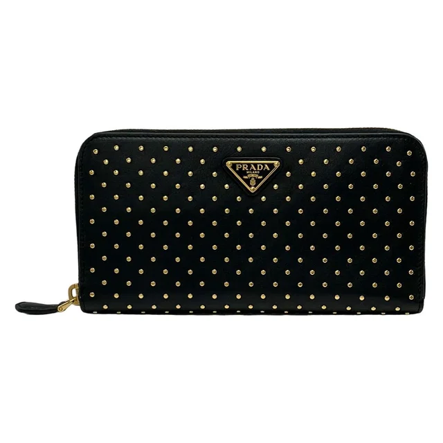 Prada Wallet Black Gold Zip Around Studs Leather in Black Leather from The Reluxe