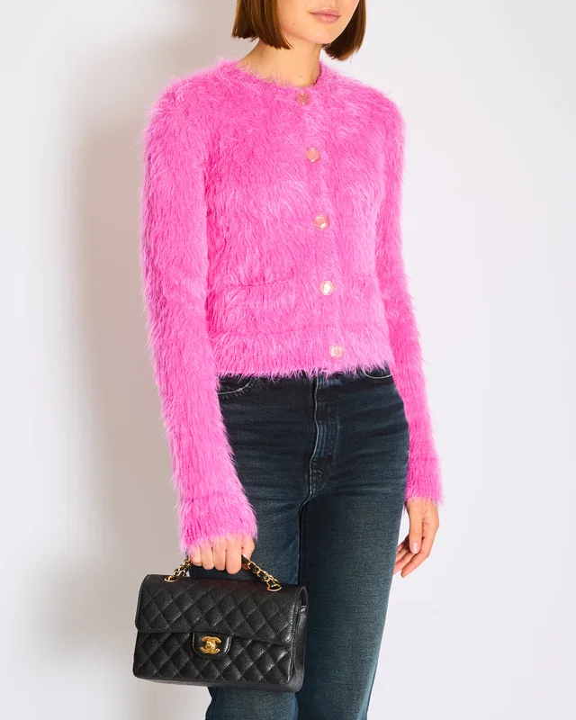 Gucci Fuchsia Pink Fluffy Button Down GG Cardigan Size S (UK 8) in Pink Wool from Sellier