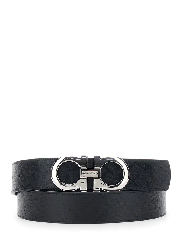 Ferragamo Gancini Buckle Reversible Leather Belt — Black Calf in Black Leather from HEWI