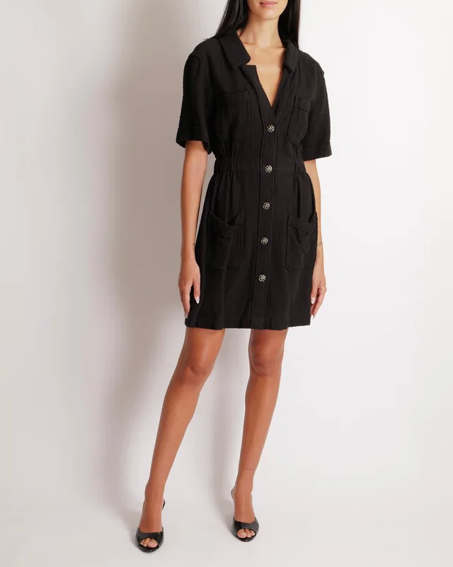 Chanel Black Short-Sleeved Mini Dress with Gathered Waist and Silver and Black Quilted CC Logo… in Black Silk from Sellier