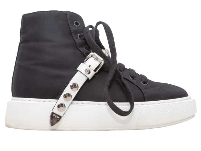 Black & White Prada Nylon High-Top Studded Strap Sneakers Size 36.5 in Black Nylon from Designer Revival
