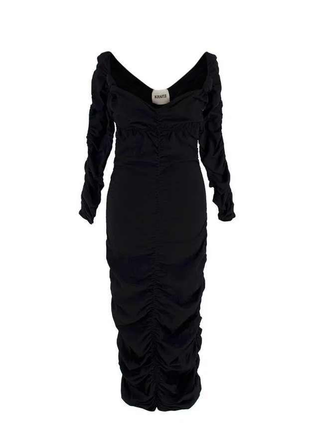 Khaite Black Ruched V-Neck Midi Dress in Black from HEWI