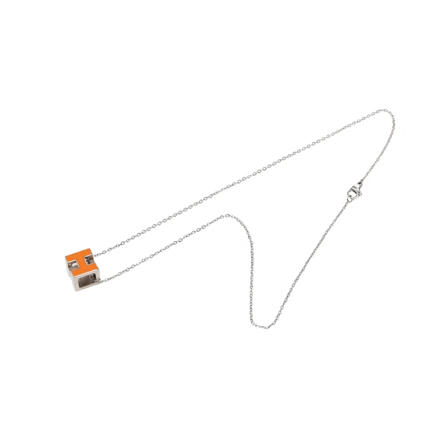 Orange Hermès Palladium Plated Lacquered Cage D H Pendant Necklace in Orange from Designer Revival