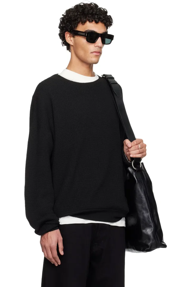 Fear of God ESSENTIALS Black Holiday Waffle Crewneck 90s Sweater, photo 2 of 4 from SSENSE