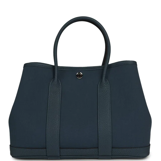 Hermès Garden Party 30 Bleu Tempete Toile Officier Canvas, Negonda Palladium Hardware in Blue Canvas from Madison Avenue Couture