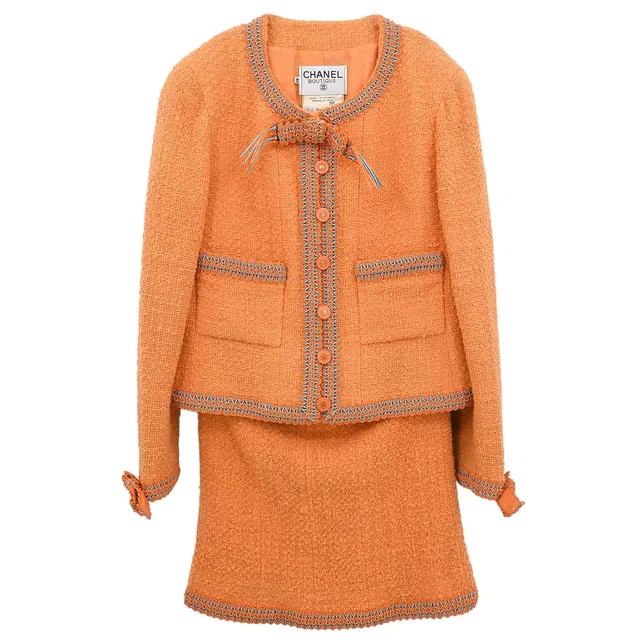 Chanel 1994 Setup Suit Jacket Skirt Orange #40 in Orange Nylon from AMORE Vintage Tokyo