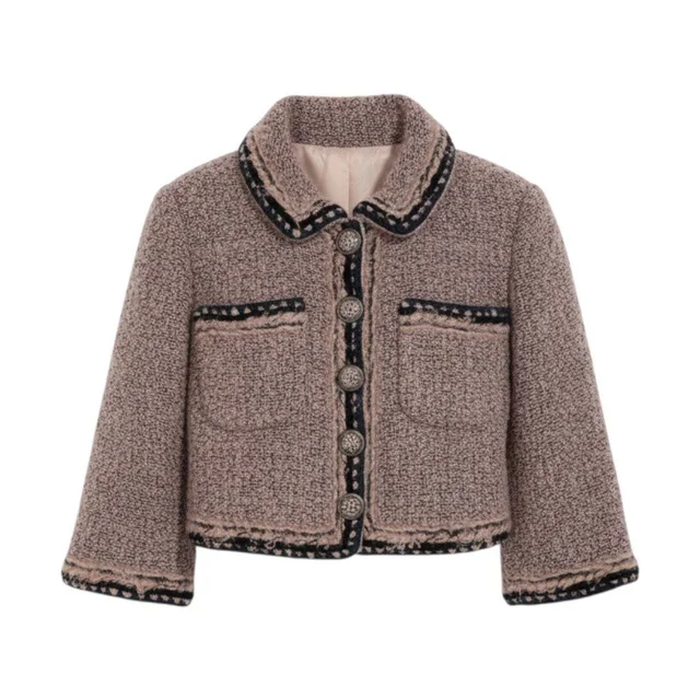 Chanel Short Length Tweed Jacket Cropped Pink in Pink Tweed from The Reluxe