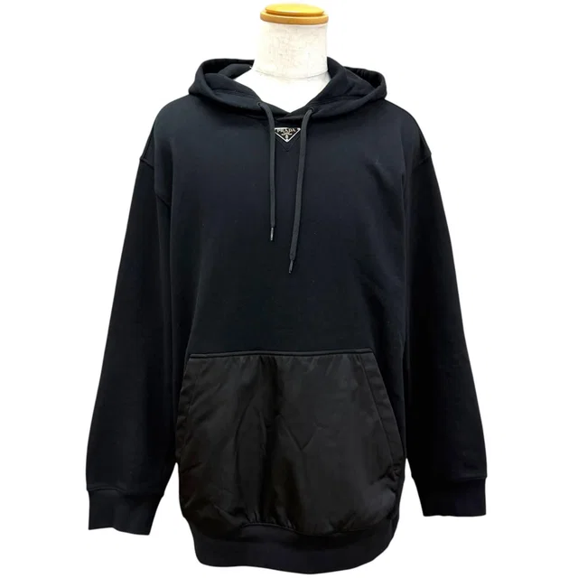Prada Re-Nylon Triangle Logo Pullover Hoodie Black XL in Black Nylon from The Reluxe