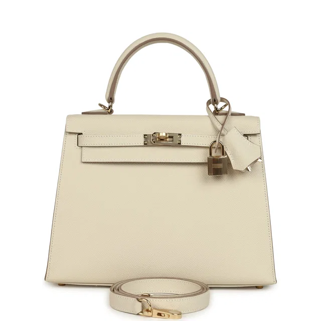 Hermès Kelly Sellier 25 Craie Epsom Permabrass Hardware in White Epsom leather from Madison Avenue Couture