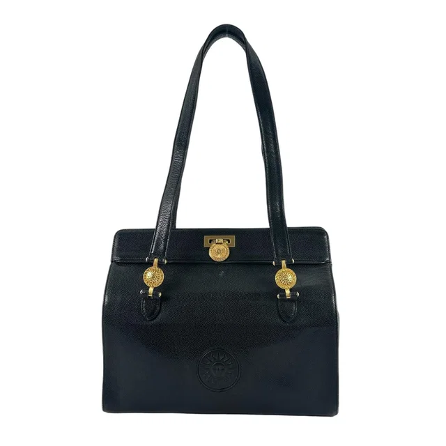 Versace Sunburst Leather Black Tote Bag Gold in Black Leather from The Reluxe