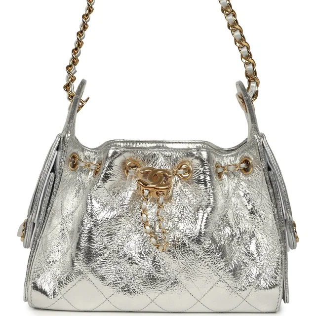 Chanel Mini 25 Hobo Bag Metallic Silver Caviar Gold Hardware in Silver Caviar leather from Madison Avenue Couture