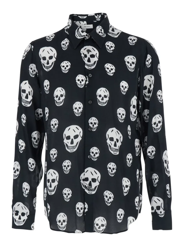 Black Pointed Collar Shirt with All-Over Skull Print for Men in Black, image 1 of 1 from Gaudenzi Boutique