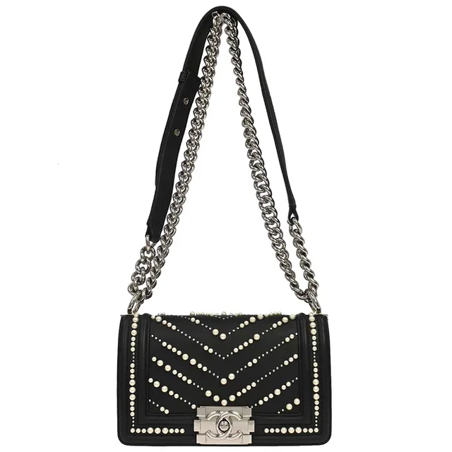 Boy Chanel 2019 Black Lambskin Costume Pearl Small Chain Shoulder Bag in Black Lambskin from AMORE Vintage Tokyo