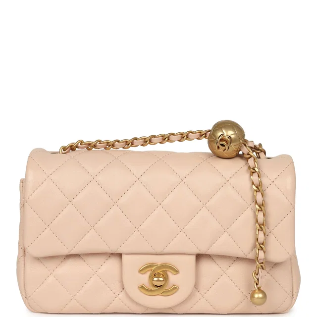 Chanel Mini Pearl Crush Rectangular Flap Bag Light Pink Lambskin Brushed Gold Hardware in Pink Lambskin from Madison Avenue Couture