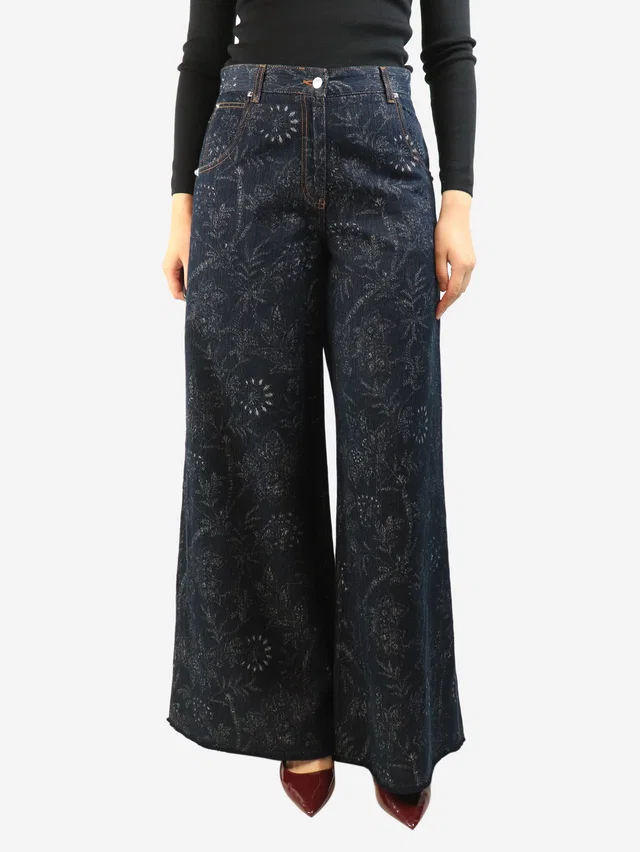 Etro Dark blue floral wide-leg jeans - size UK 8 in Blue Silk from Sign of the Times