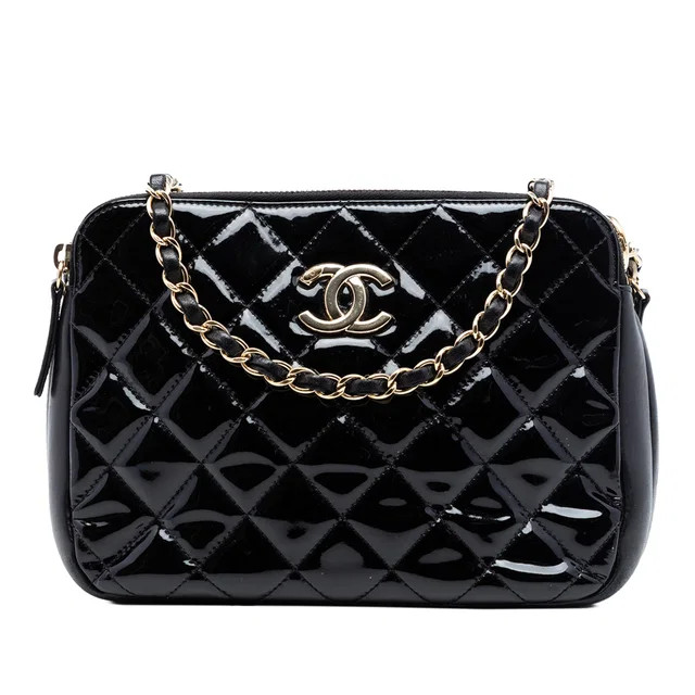 Black Chanel CC Quilted Patent Double Zip Camera Bag in Black Patent leather from Designer Revival
