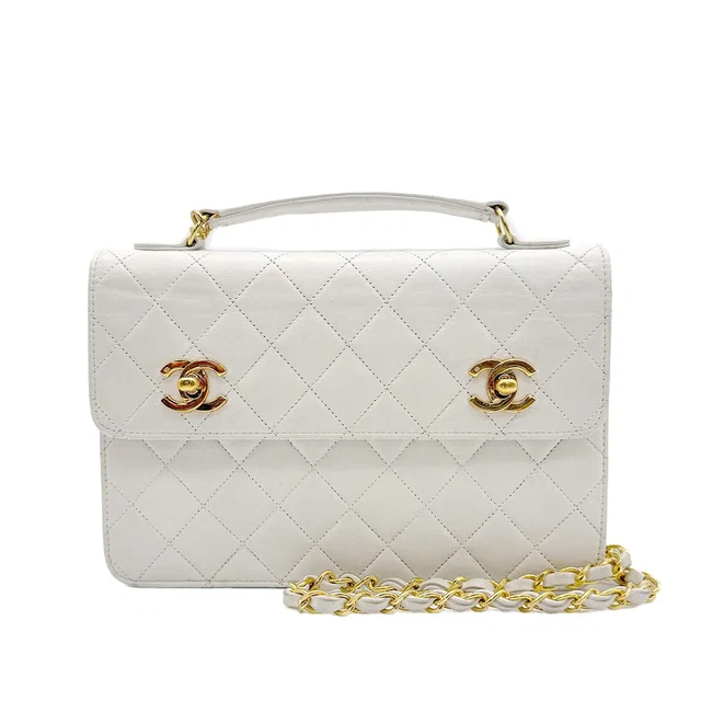 Chanel Vintage Matelasse 2WAY Chain Shoulder Bag White Lamb Skin Gold Hardware in White from Luxury Promise