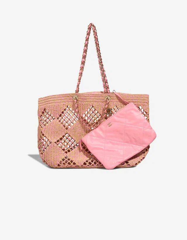 Chanel Shopping Tote Large Raffia / Lamb Beige / Pink in Beige, Multicolour, Pink Raffia from SACLÀB