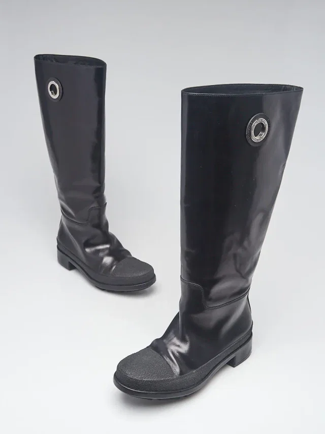 Balenciaga Black Glossed Leather Tall Rain Boots Size 6/36.5 in Black Leather from Yoogis