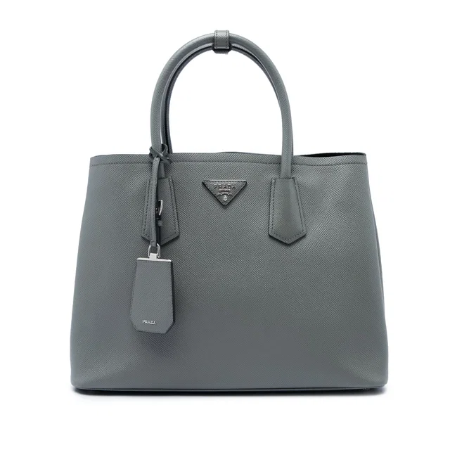 Gray Prada Medium Saffiano Cuir Double Satchel in Grey Saffiano leather from Designer Revival