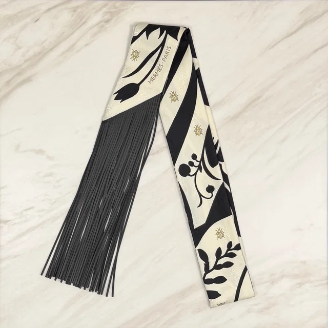 Hermès Bouquet Final leather fringe Twilly Creme/Noir in Black Leather from Luxury Promise