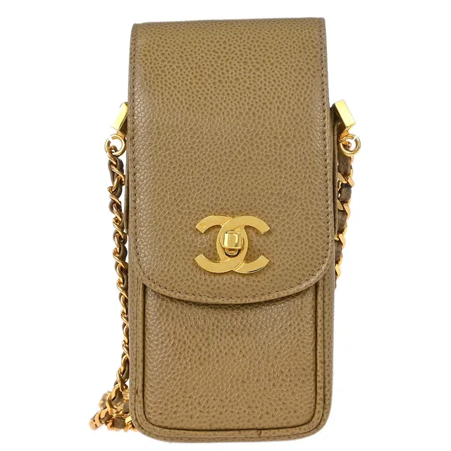 Chanel 1994-1996 Beige Caviar Skin Chain Shoulder Bag Pochette Phone Case in Beige Caviar leather from AMORE Vintage Tokyo