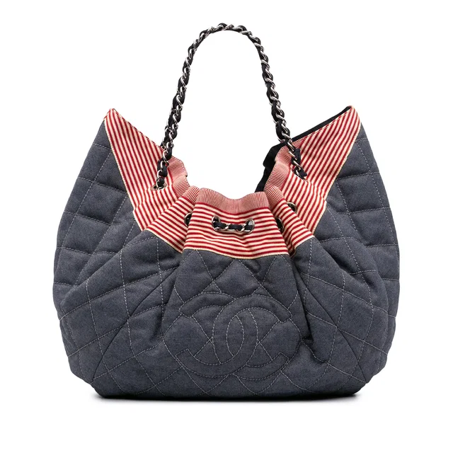 Blue Chanel Large Quilted Denim Stretch Spirit Cabas Tote in Blue Denim from Designer Revival