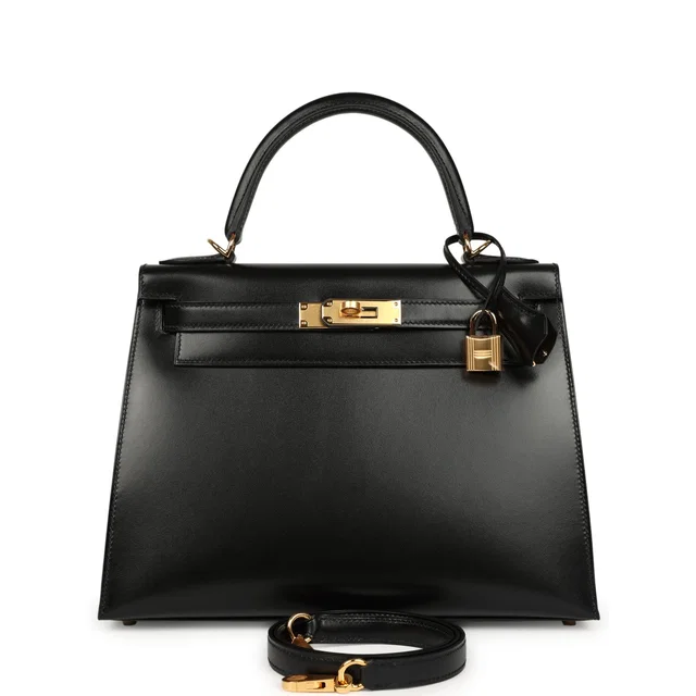 Hermès Kelly Sellier 28 Black Box Gold Hardware in Black Calfskin from Madison Avenue Couture