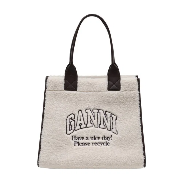 GANNI Shearling-Textured Embroidered Tote Bag — White Synthetic in White from HEWI